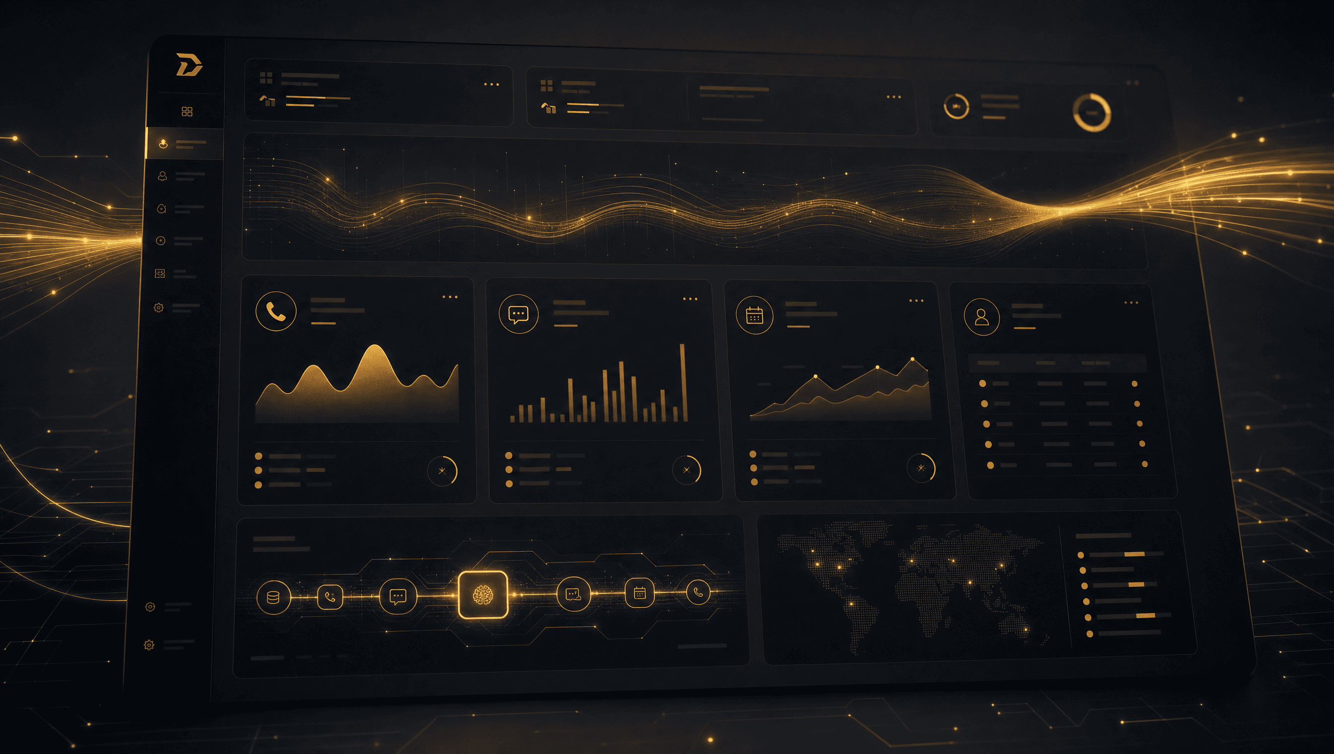 AI automation dashboard showing call, chat, calendar, and CRM workflow signals