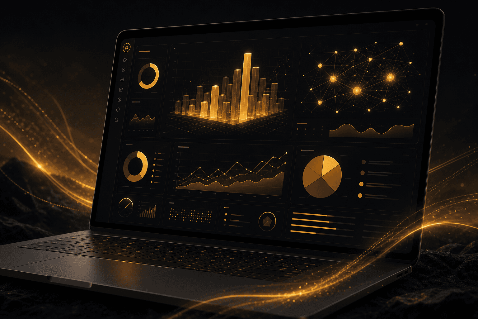 Dark-themed analytics dashboard showing 3D bar charts, a graph network, and pie charts