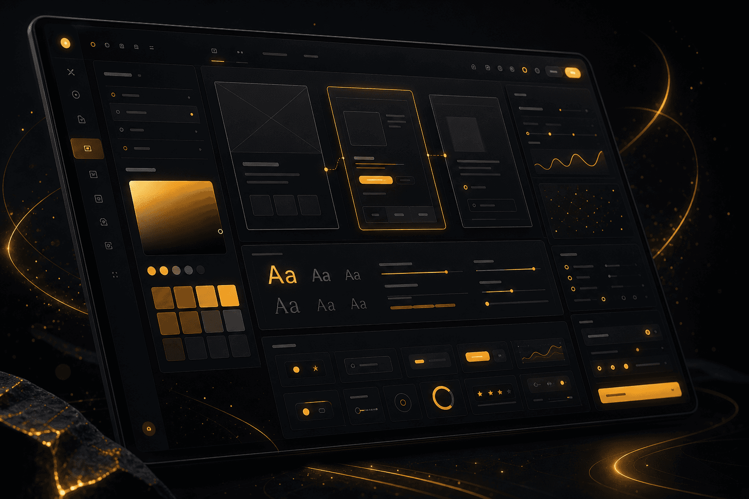 Dark-themed design system dashboard showing brand color palettes, typography, and UI component guidelines